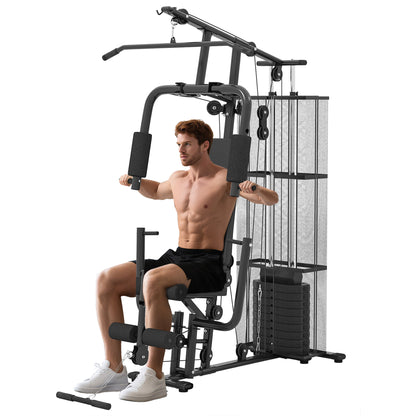 Soozier Home Gym, Multifunction Gym Equipment Workout Station with 100Lbs Weight Stack for Lat Pulldown, Leg Extensions, Preacher Bicep Curls, Triceps Pulldowns, Chest Press, Black