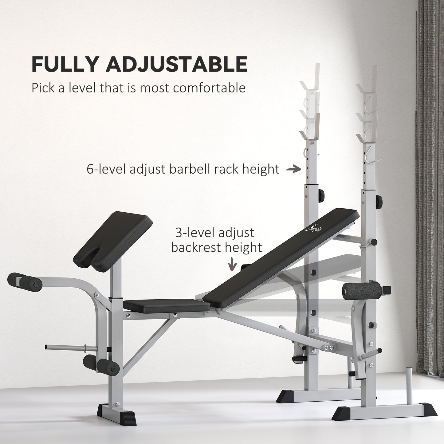 Soozier Bench Press Set Adjustable Weight Bench with Squat Rack, Preacher Curl Pad, Leg Developer and Weight Storage, Grey