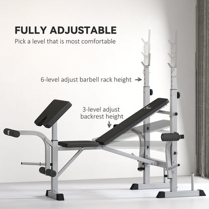 Soozier Bench Press Set Adjustable Weight Bench with Squat Rack, Preacher Curl Pad, Leg Developer and Weight Storage, Grey