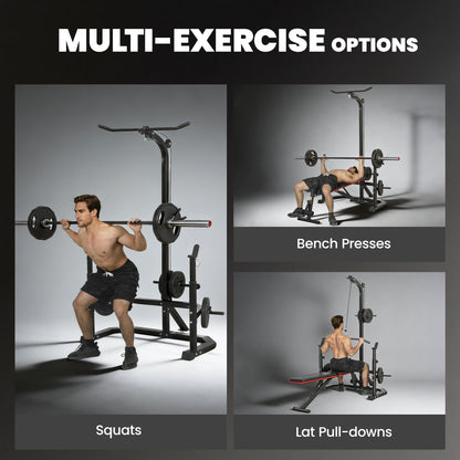 Soozier Multi-Function Home Gym Machine with Bench Press Rack, Squat Rack and Lat Pulldown System, Black