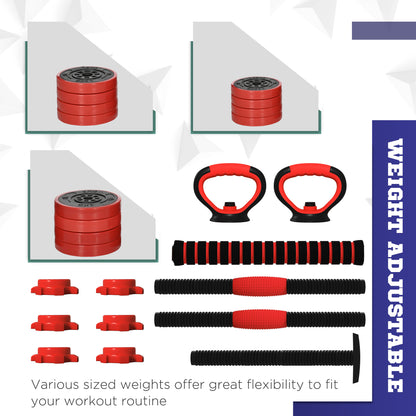 Soozier 44lbs 4-in-1 Adjustable Weight Dumbbell Set, Barbell, Kettlebell, Push Up Stand, Red
