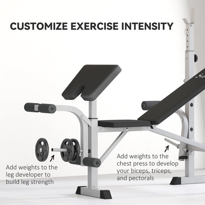 Soozier Bench Press Set Adjustable Weight Bench with Squat Rack, Preacher Curl Pad, Leg Developer and Weight Storage, Grey