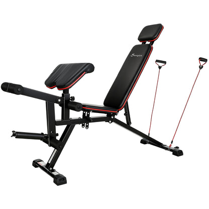 Soozier Adjustable Weight Bench with Wheels, Load 660LBS Workout Bench with Leg Extension, Preacher Curl and Resistance Bands