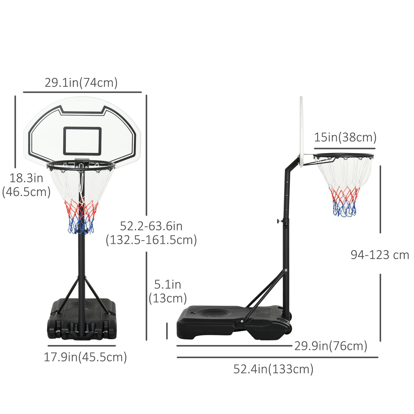 51"-64" Height Adjustable Basketball System Poolside Hoop Stand Portable with Wheels