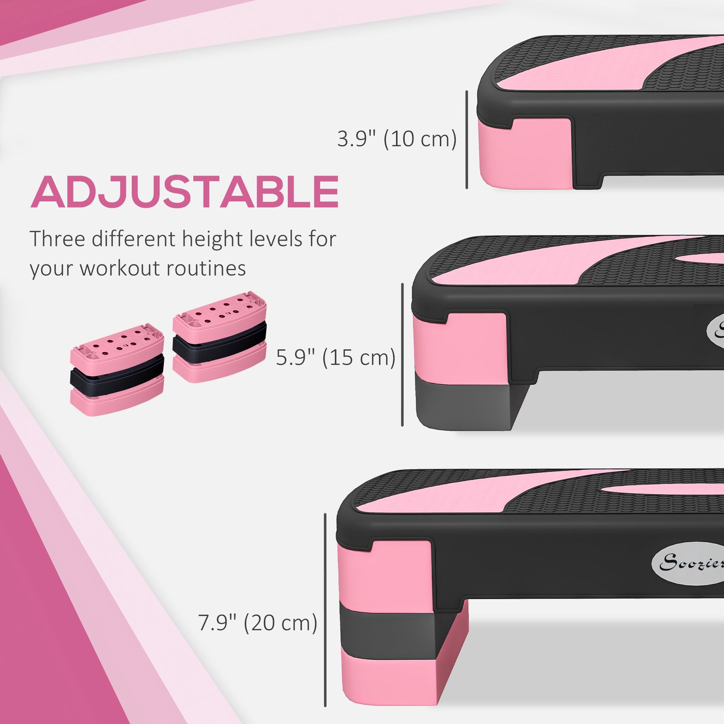 Soozier Adjustable Aerobic Stepper, Exercise Step Platform, Step Exercise Trainer, Workout Fitness Yoga Risers, 4"-6"-8", Pink